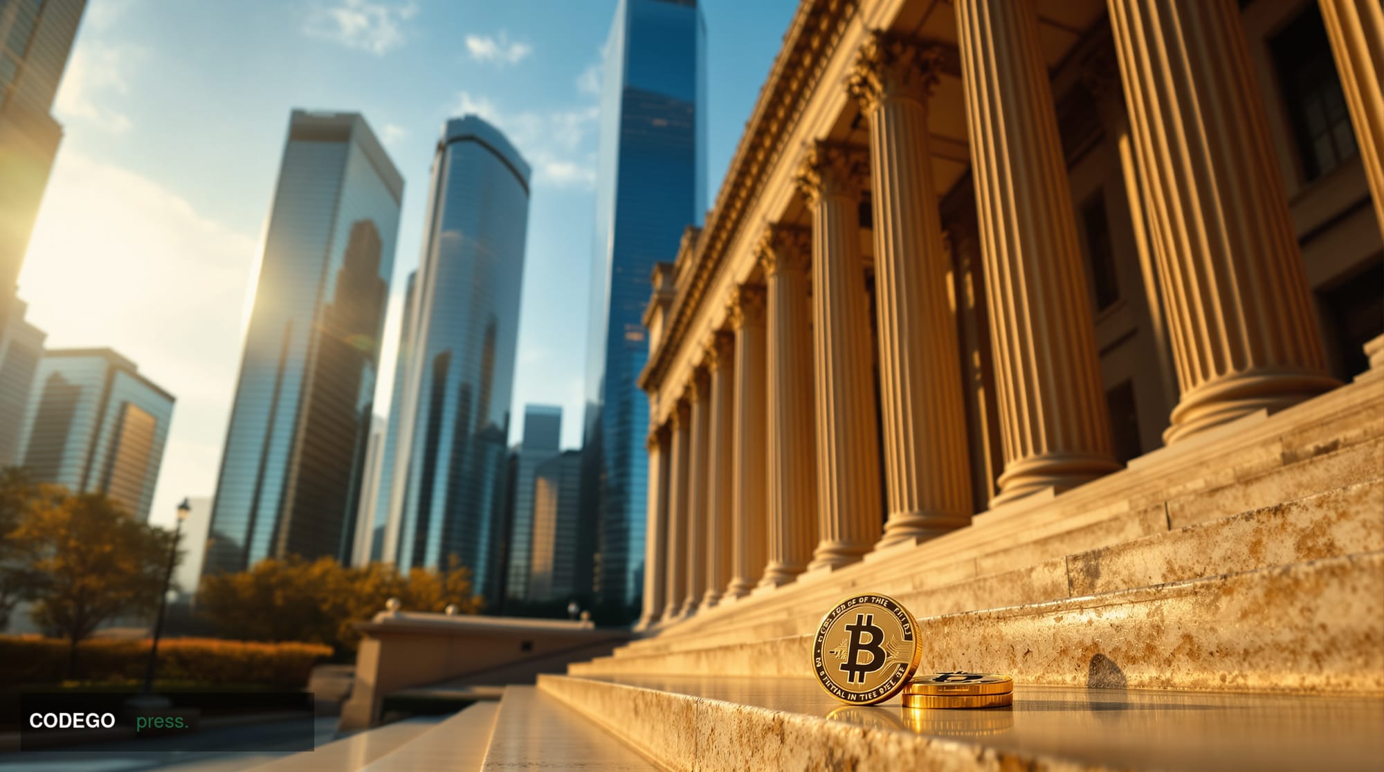 A cinematic editorial photograph set in Chicago, Illinois, with the iconic neoclassical columns of a grand civic building dom