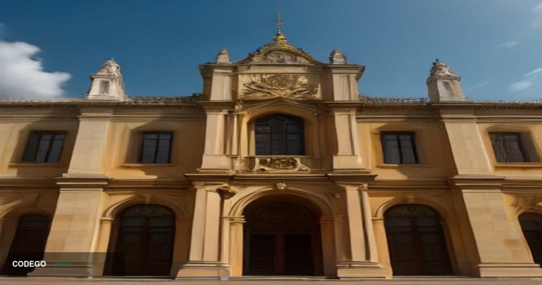 A dramatic cinematic editorial photograph shot from a low angle looking up at a gleaming Central American government building
