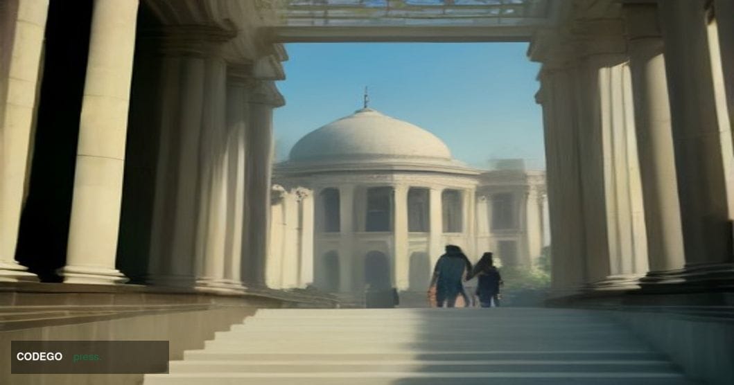 A cinematic editorial photograph shot at ground level looking upward along a vast Indo-Chinese digital corridor metaphor: in 