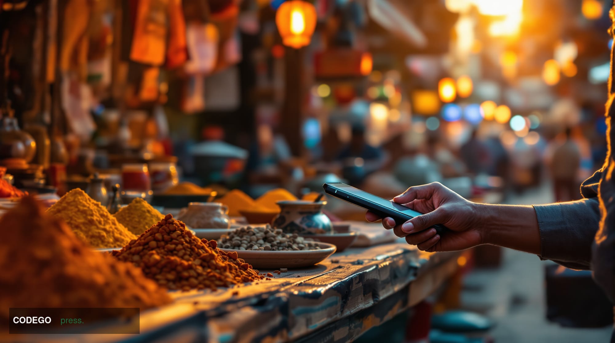A cinematic editorial photograph set in a bustling Indian urban marketplace, shot at golden hour with warm amber light stream