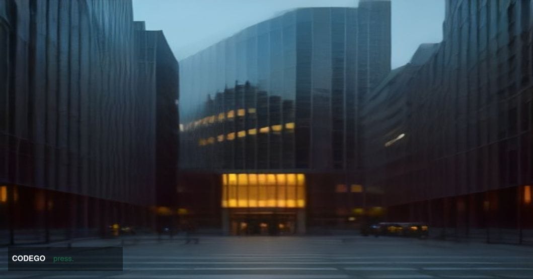 A cinematic editorial photograph of a sleek Parisian corporate glass headquarters at golden hour, representing a major French