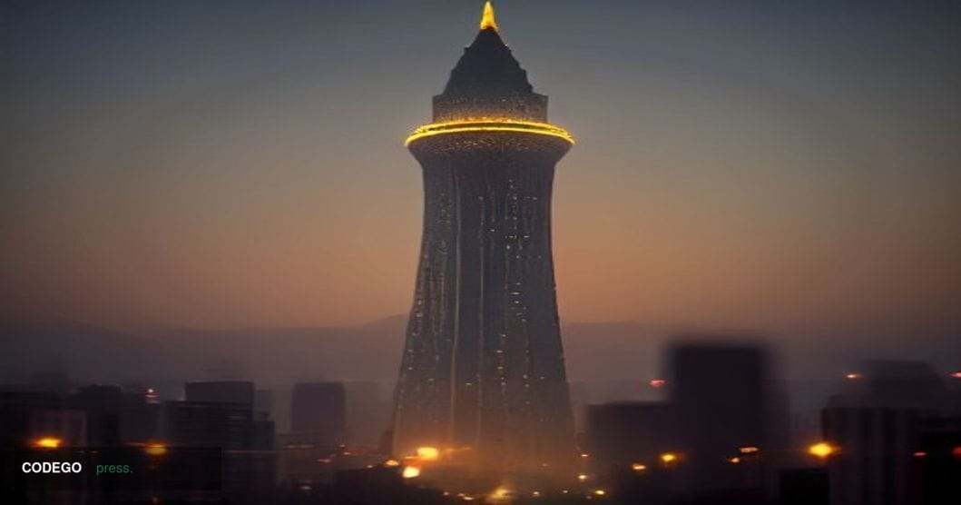 A dramatic cinematic editorial photograph set in Tehran at twilight, with the iconic Azadi Tower visible in the soft-focus ba
