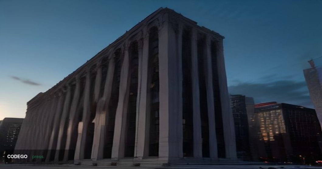 A dramatic cinematic editorial photograph of a monumental American bank headquarters building — a towering glass and granite 