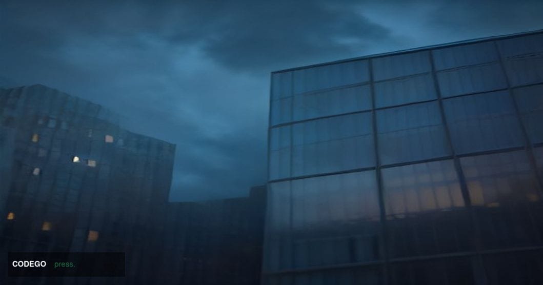A dramatic cinematic editorial photograph shot from a low angle looking up at a modernist corporate glass-and-steel office ca