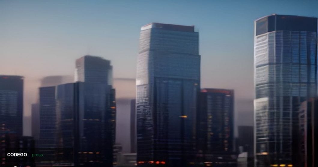 A cinematic editorial photograph set in the financial district of Tokyo, Japan, at dusk, with the iconic glass towers of Shin