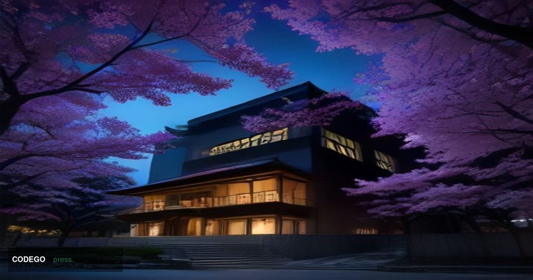 A dramatic cinematic editorial photograph of the Bank of Japan's distinctive modernist headquarters building in Tokyo's Nihon