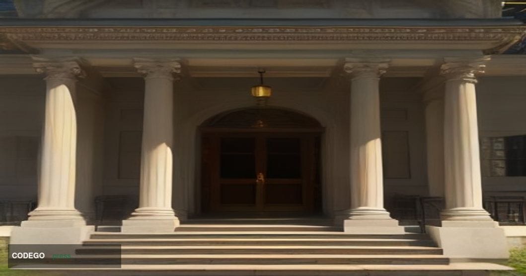 A cinematic editorial photograph of a distinguished Virginia colonial-style brick banking district at golden hour, with broad