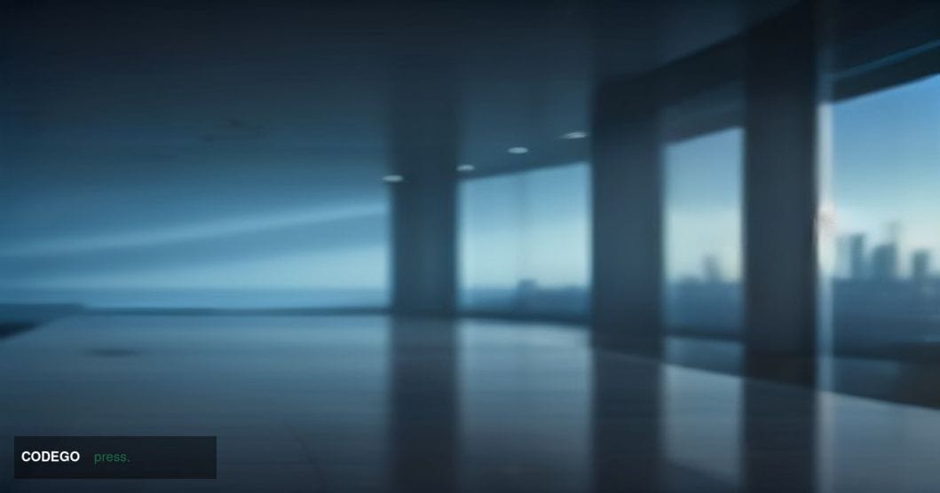 A dramatic cinematic editorial photograph shot from a low angle inside a sleek, modern financial technology office space in N