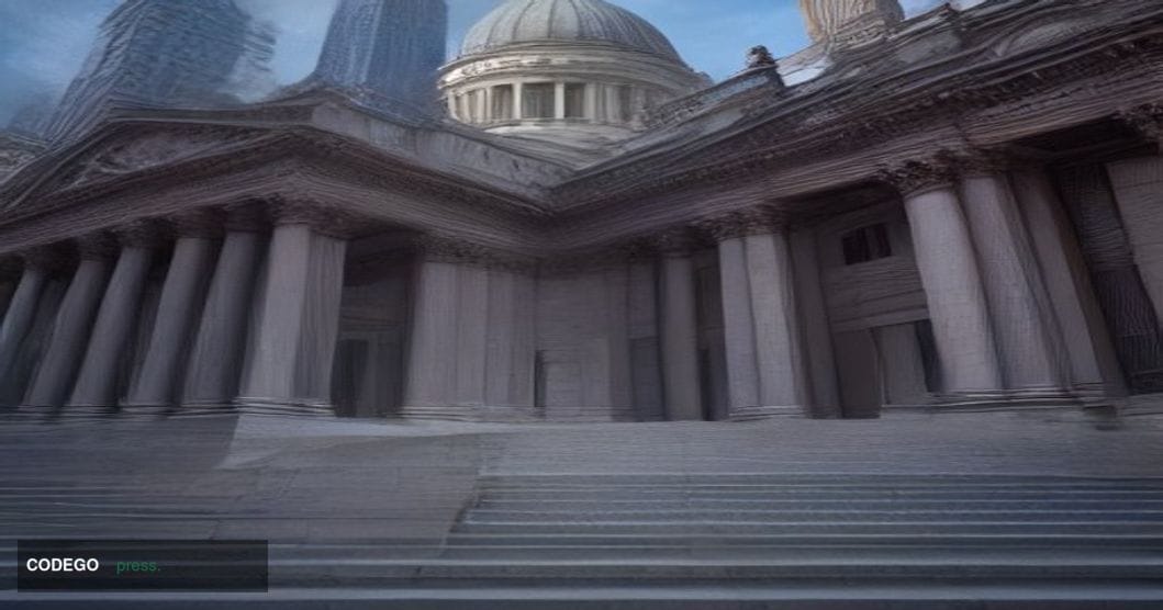 A dramatic cinematic editorial photograph shot at ground level looking upward at the iconic neoclassical stone facade of the 