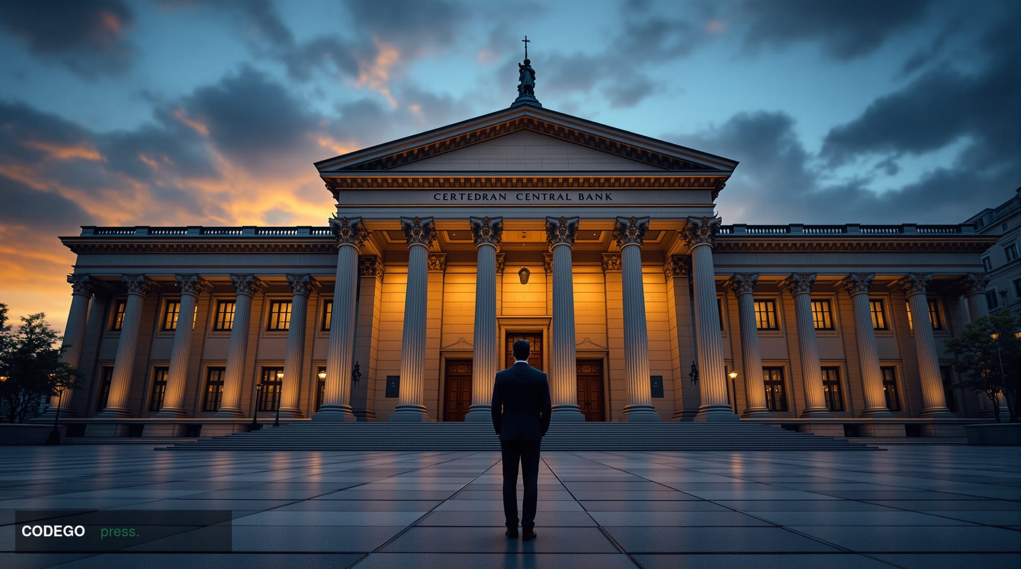 A grand neoclassical European central bank building at dusk, its imposing stone columns casting long dramatic shadows across 