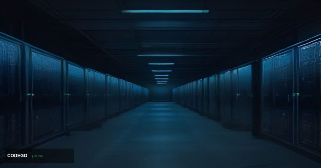 A dramatic cinematic editorial photograph set in a dimly lit server room environment evoking a high-stakes cryptocurrency inf