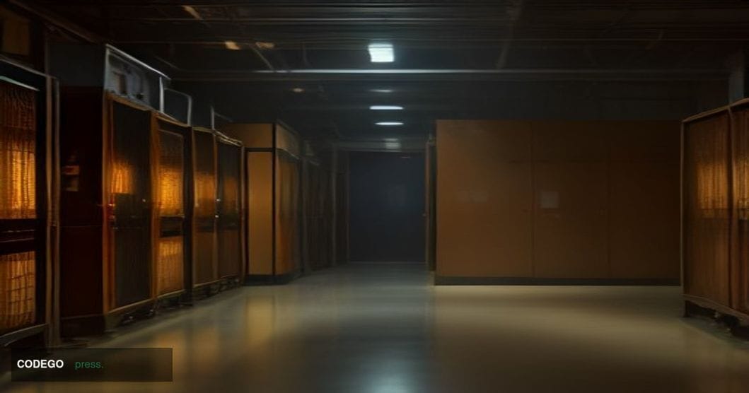 A cinematic editorial photograph of a high-security server facility interior bathed in dramatic amber and cool blue contrast 