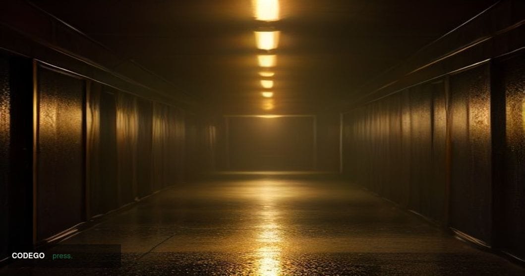 A cinematic editorial photograph depicting a heavily secured underground Bitcoin vault interior, rendered in photorealistic 8