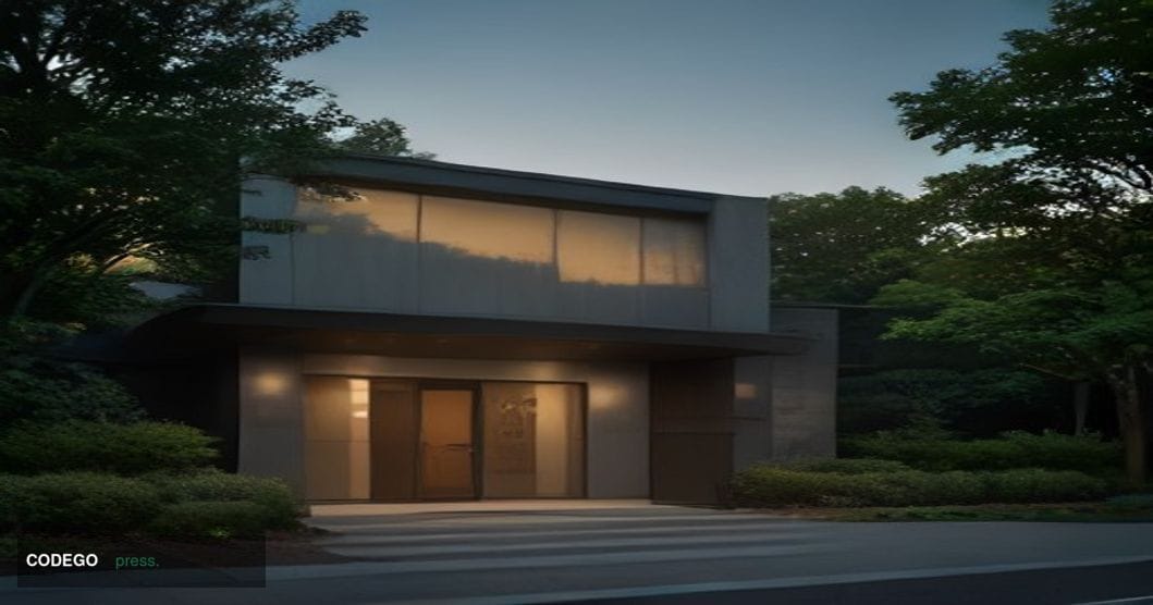 A cinematic editorial photograph of a modern mid-sized American bank branch exterior in a leafy suburban setting, shot at gol