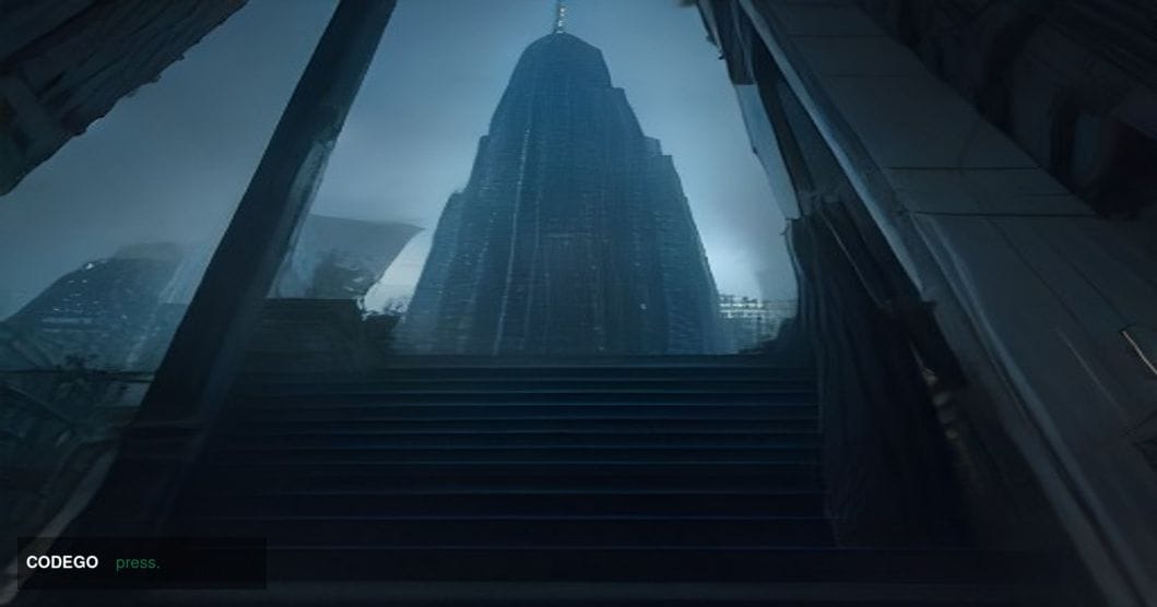 A cinematic editorial photograph of the City of London financial district at dawn, shot from a low wide-angle perspective loo