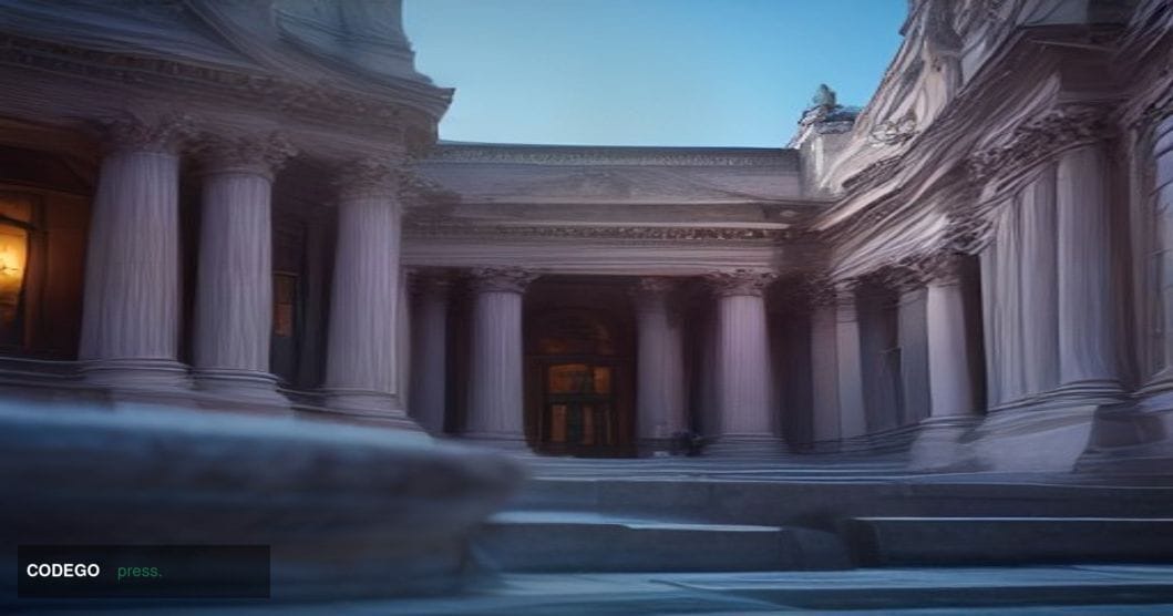 A cinematic editorial photograph of the London Stock Exchange's historic Paternoster Square exterior at dusk, shot from a low