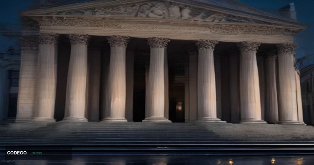 A cinematic editorial photograph capturing the exterior of the London Stock Exchange's neoclassical stone facade on Paternost
