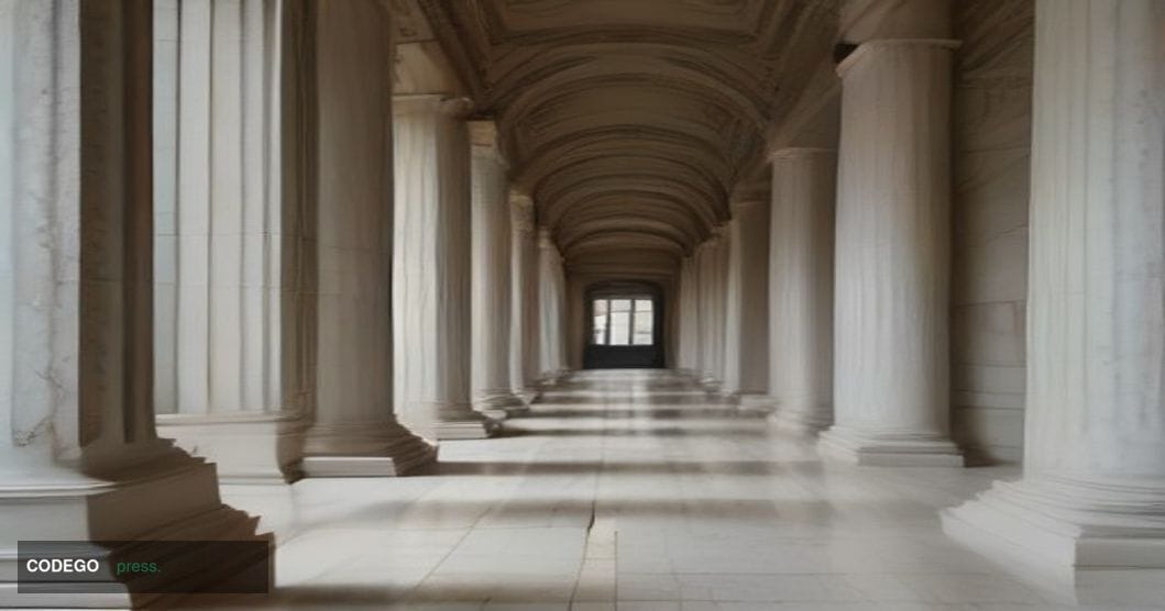 A dramatic cinematic editorial photograph set inside a grand federal courthouse corridor in Washington D.C., featuring neocla