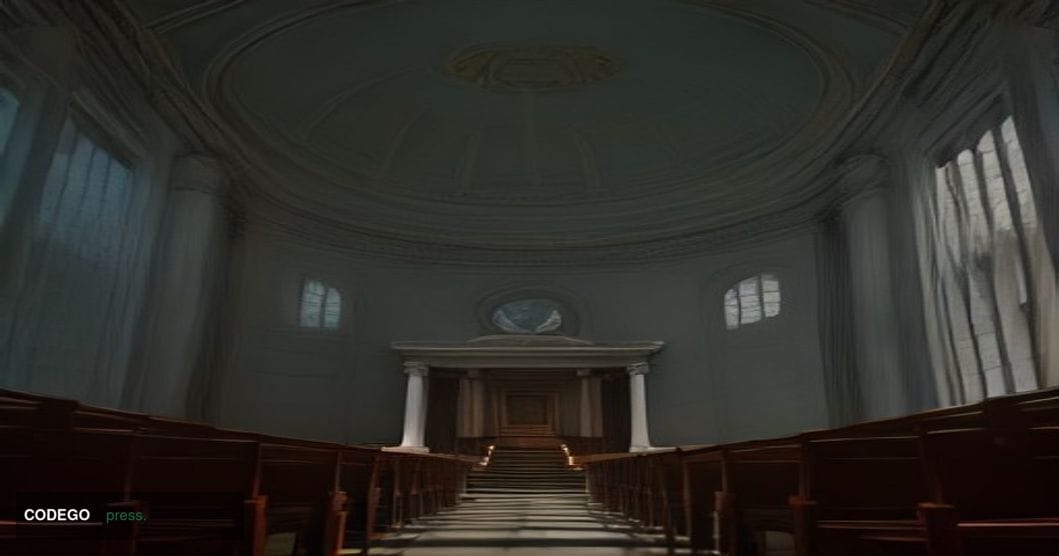A dramatic cinematic editorial photograph depicting the interior of a shadowy federal courthouse rotunda, shot from a low ang
