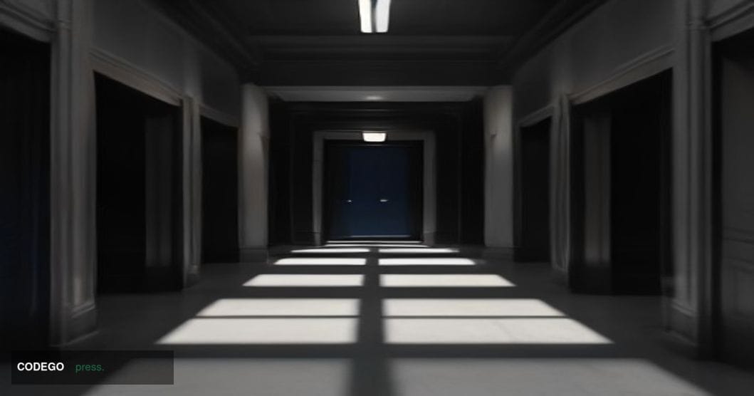 A cinematic editorial photograph set inside a dimly lit federal courthouse corridor, viewed from a low angle looking toward h