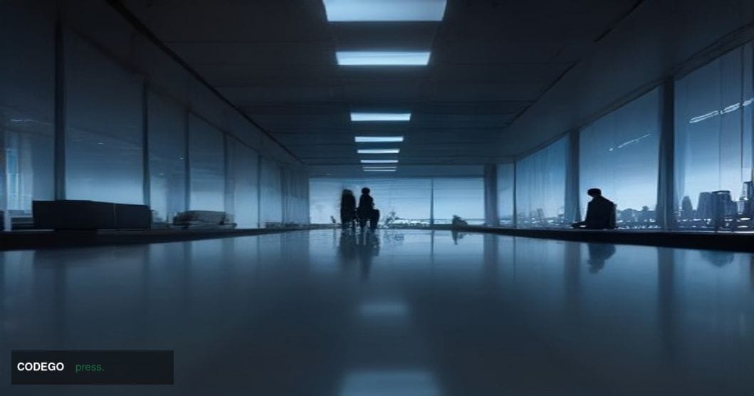 A sleek, modern bank operations center interior shot from a low angle looking up toward floor-to-ceiling glass walls overlook