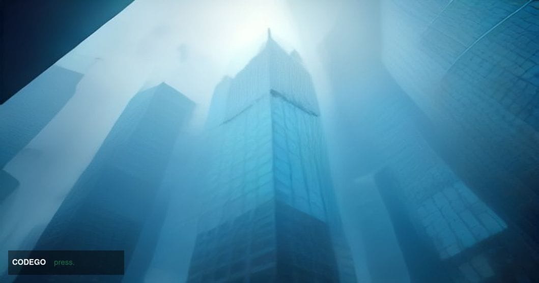A cinematic editorial photograph taken from a low-angle perspective looking up at three towering glass-and-steel corporate of