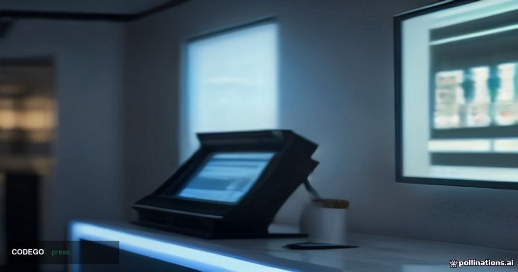 A photorealistic cinematic editorial photograph shot at ground level looking upward at a sleek modern payment terminal mounte