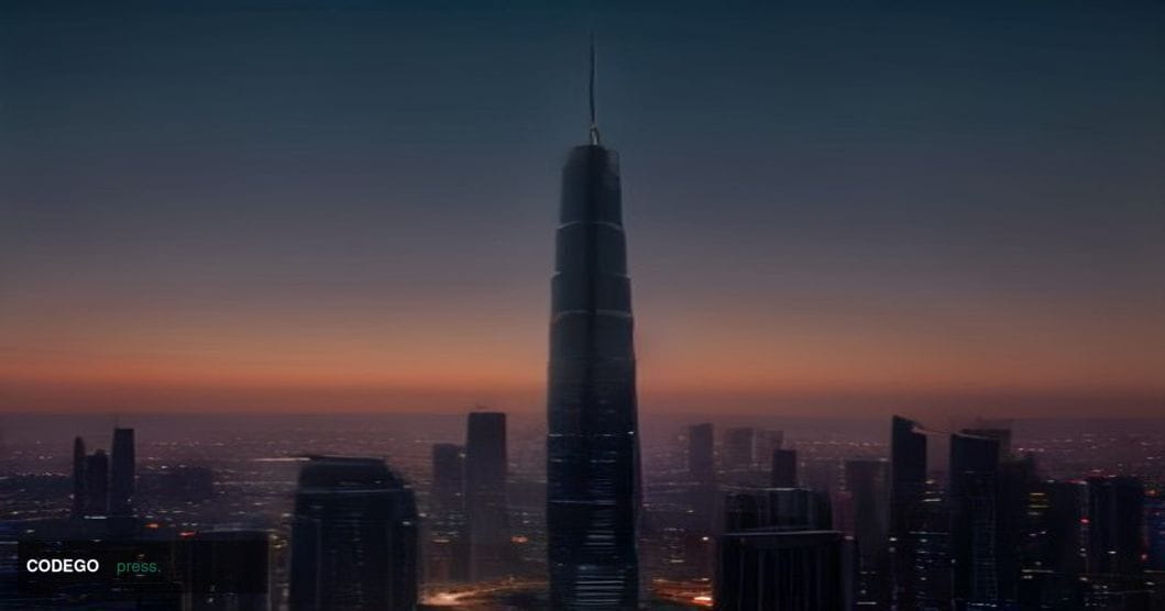 A sweeping photorealistic cinematic aerial photograph of Riyadh's futuristic skyline at dusk, with the Kingdom Centre Tower r