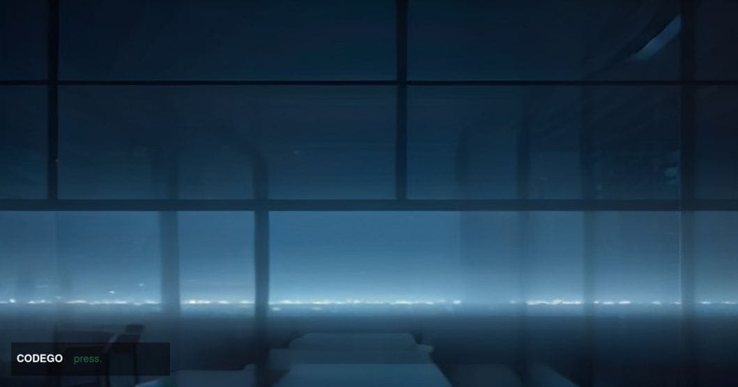 A sleek, modern fintech startup office space photographed from a low angle looking upward through floor-to-ceiling glass wall