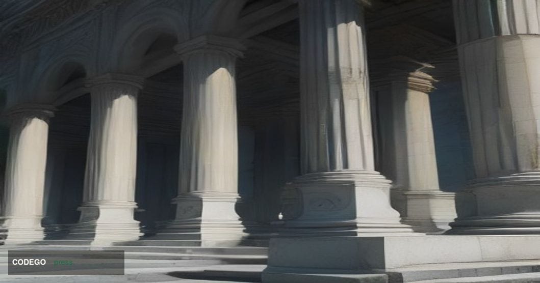 A cinematic editorial photograph taken at ground level looking up at the imposing marble and granite facade of a United State