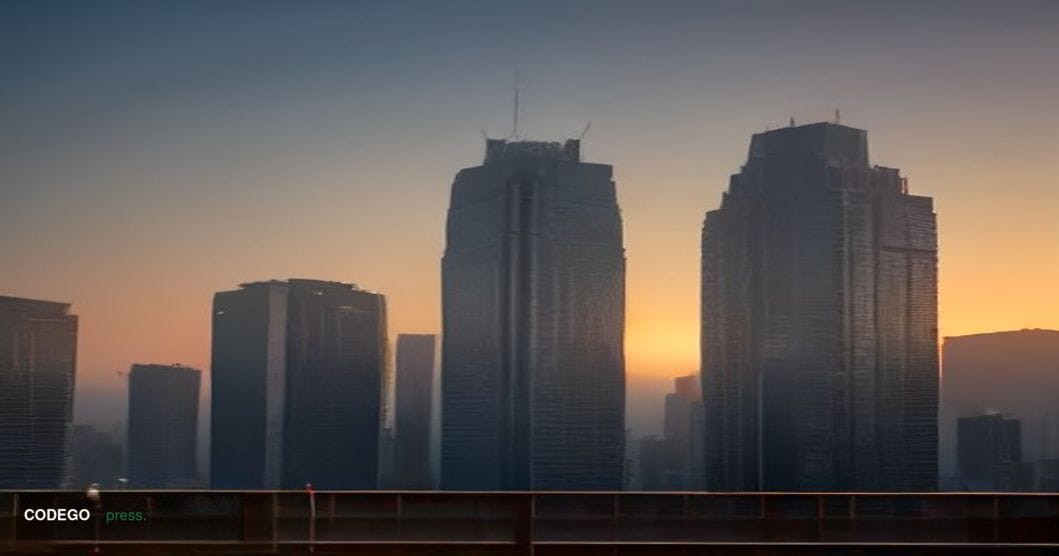 A cinematic editorial photograph capturing the grandeur of Mumbai's financial district skyline at dusk, viewed from a low-ang