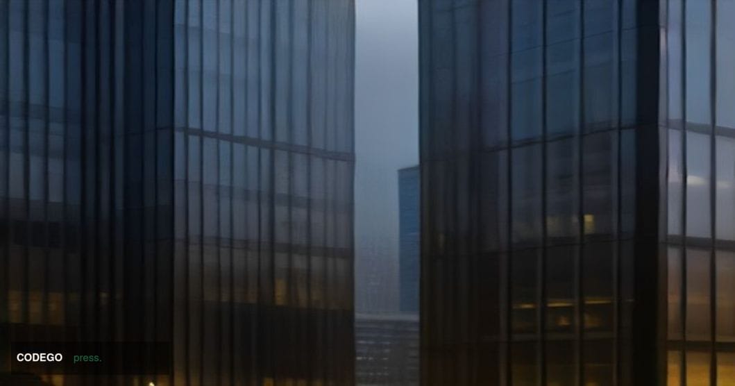 A dramatic cinematic editorial photograph depicting two glass-and-steel corporate office towers — one representing a Dutch ar