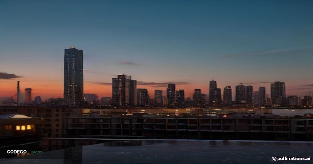 A cinematic editorial photograph set in Bogotá, Colombia, with the distinctive terracotta-and-glass skyline of the financial 