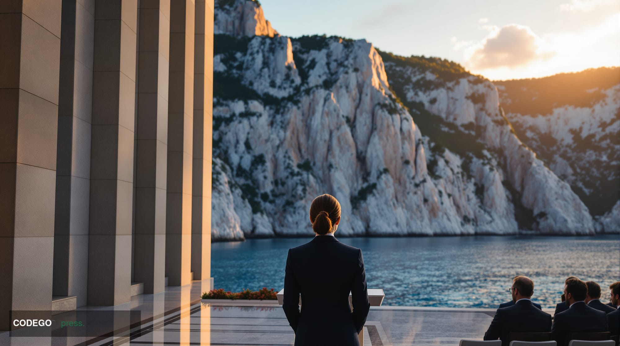 A cinematic editorial photograph of a grand European governmental banking institution set against the dramatic Adriatic coast