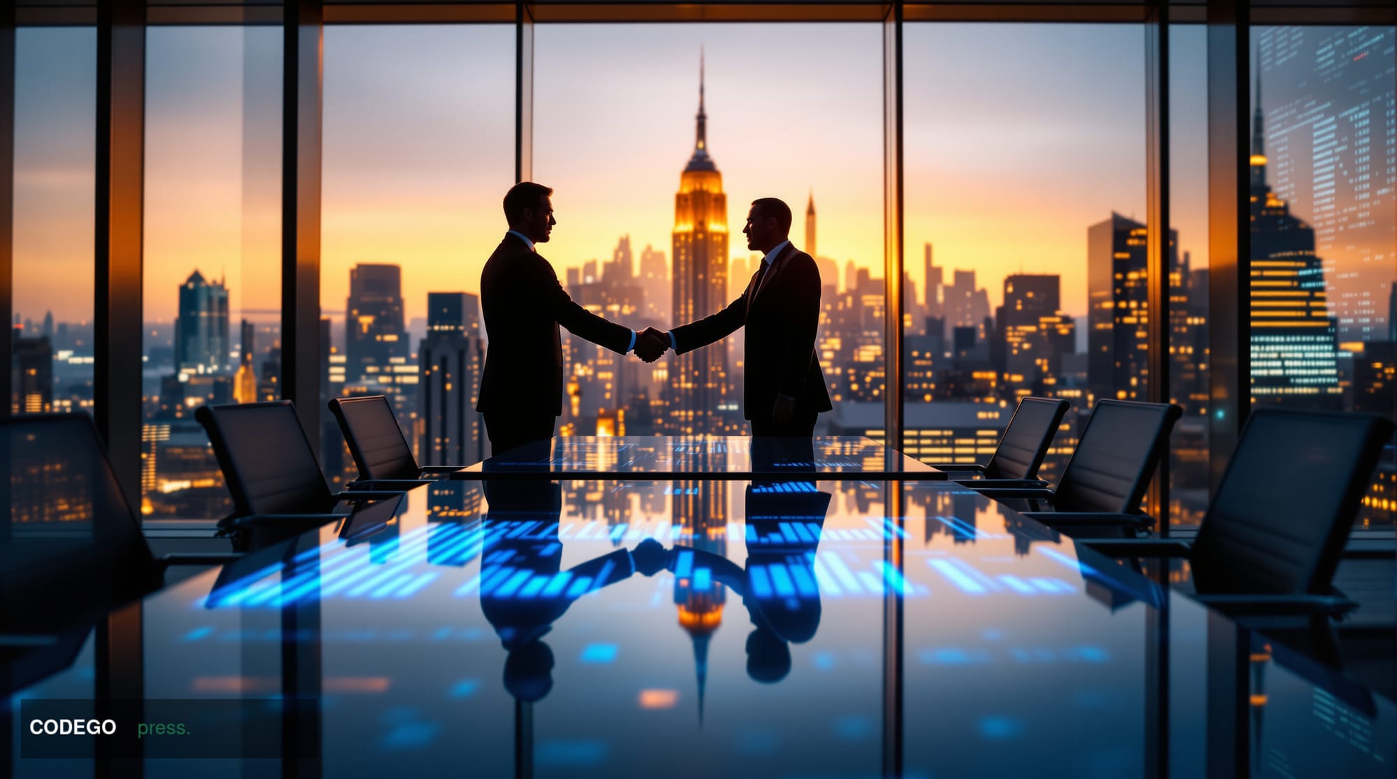 A cinematic editorial photograph of a sleek, modern financial district office interior bathed in warm amber light from floor-