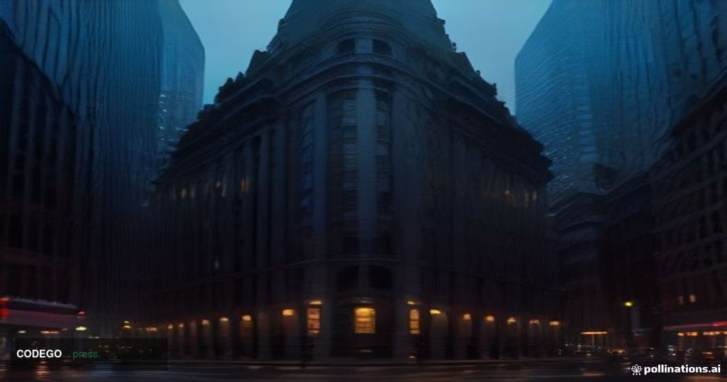 A wide-angle cinematic shot of a grand Wall Street financial district building exterior at dusk, modeled on the imposing gran