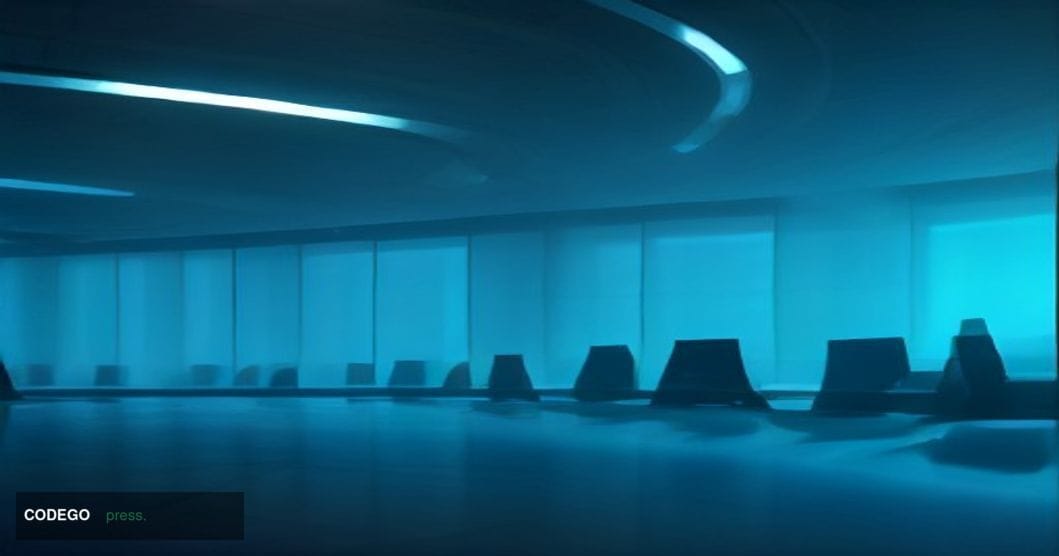 A dramatic cinematic close-up of a sleek, modern financial operations center viewed from a low angle, with rows of illuminate
