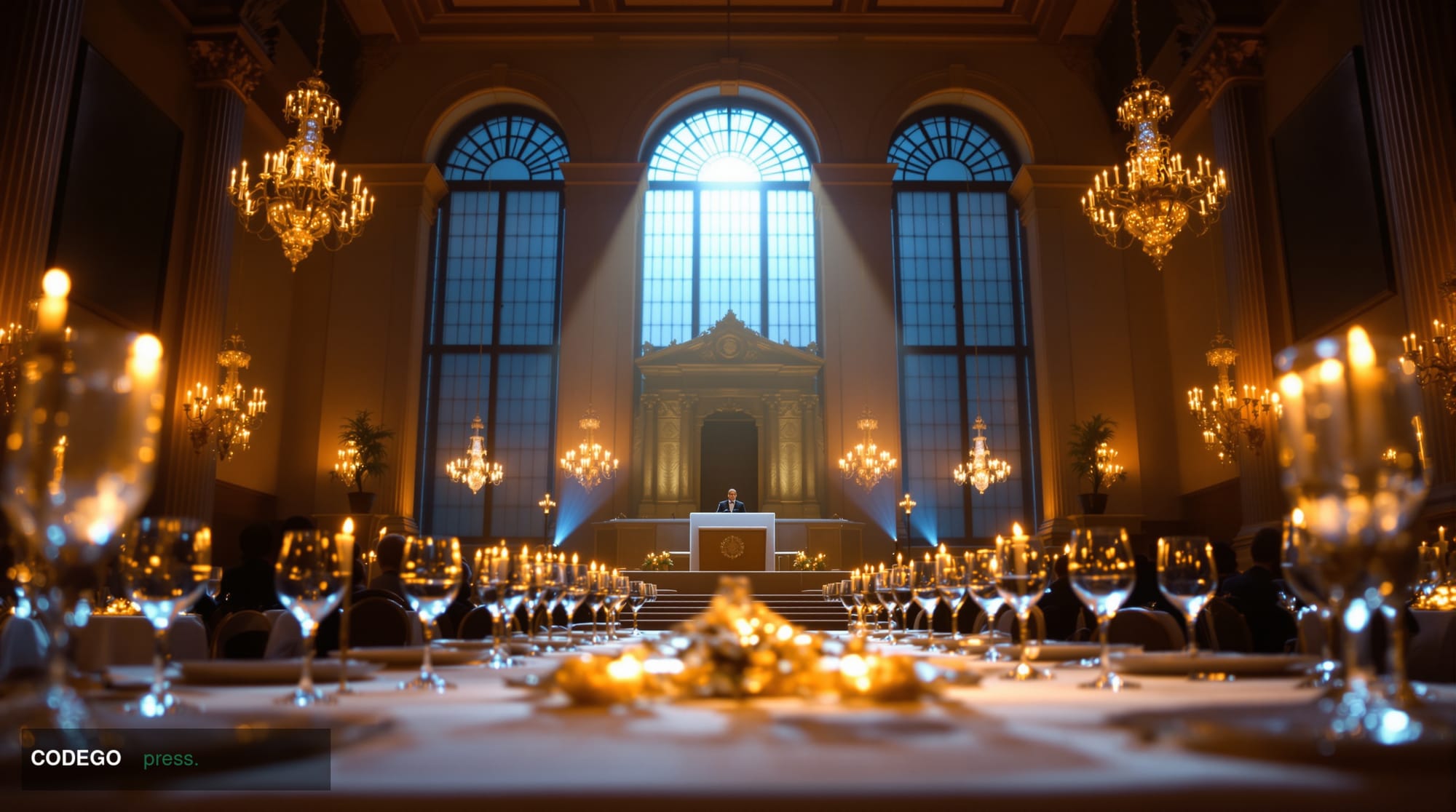 A cinematic editorial photograph of the grand interior of a stately Berlin government banquet hall, shot from a low angle loo