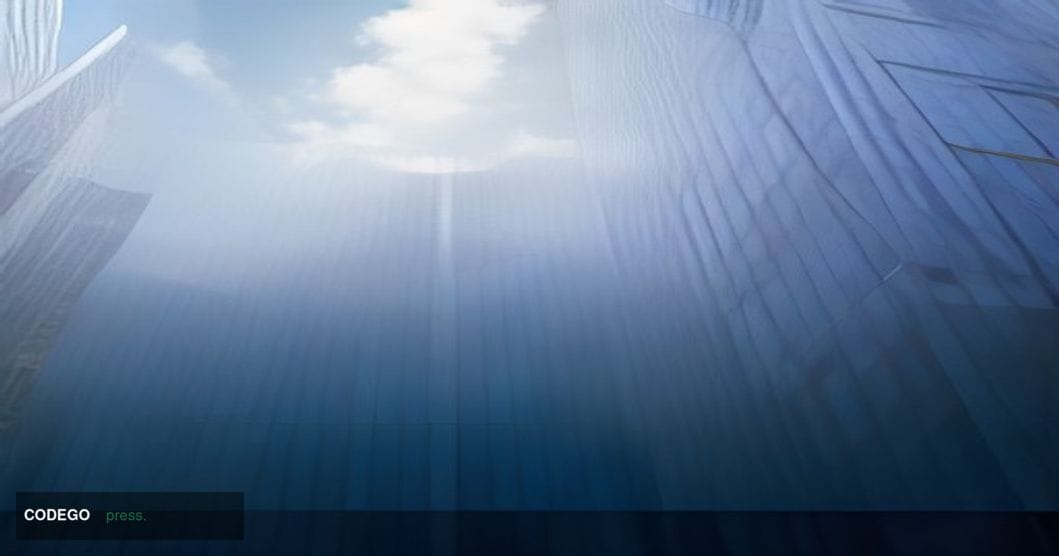 A cinematic editorial photograph taken at ground level looking upward at the glass and steel facade of Nasdaq's iconic Times 