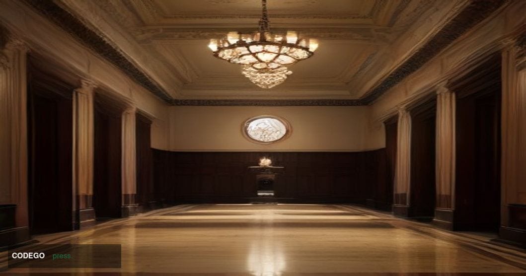A cinematic editorial photograph set in a grand, wood-paneled law enforcement administrative hall in Washington D.C., with de