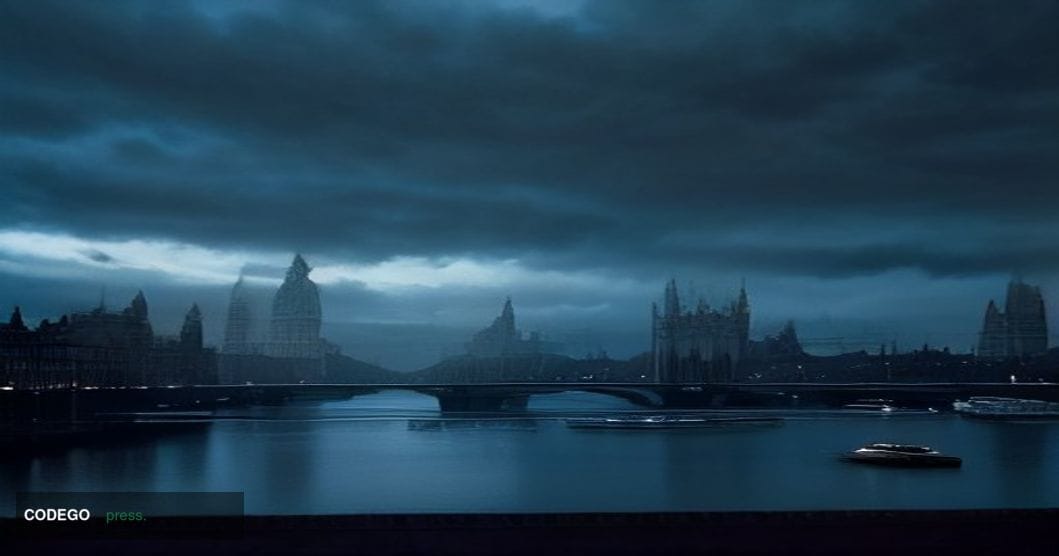 A dramatic cinematic editorial photograph set in London, with the Thames riverbank and the recognisable neo-Gothic silhouette