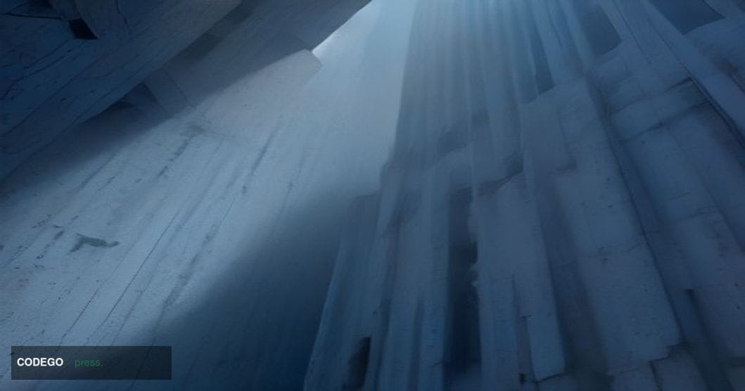 A dramatic cinematic editorial photograph taken from a low angle looking up at the imposing brutalist stone facade of a large