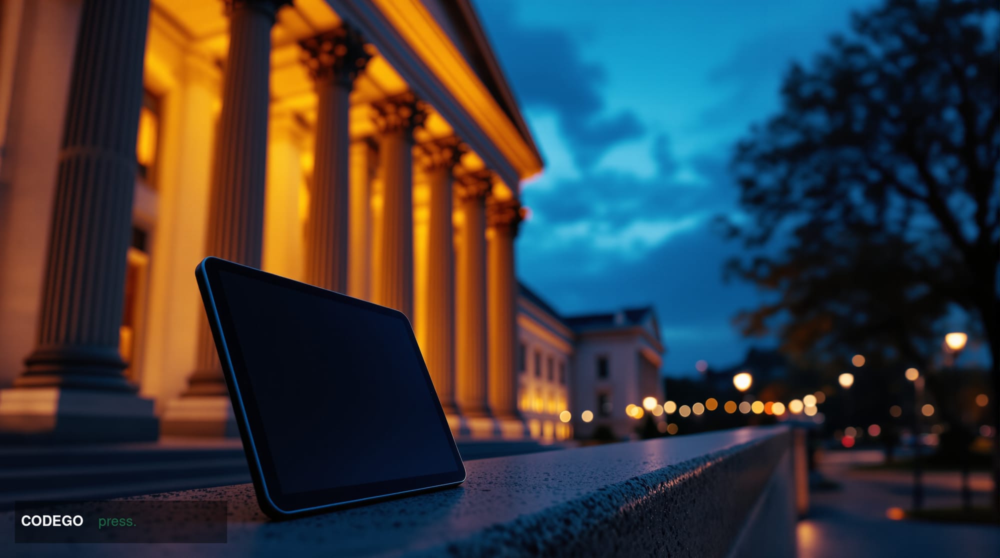 A grand federal government building exterior in Washington D.C., shot from a low dramatic angle at dusk, with warm amber ligh