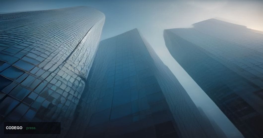 A photorealistic editorial photograph shot at a slight low angle looking up at a modern Singapore financial district glass to