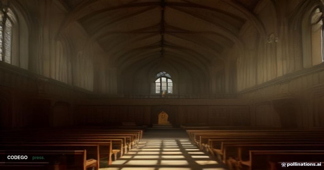 A cinematic editorial photograph set inside a grand Nordic university lecture hall — vaulted stone ceilings, warm amber lante