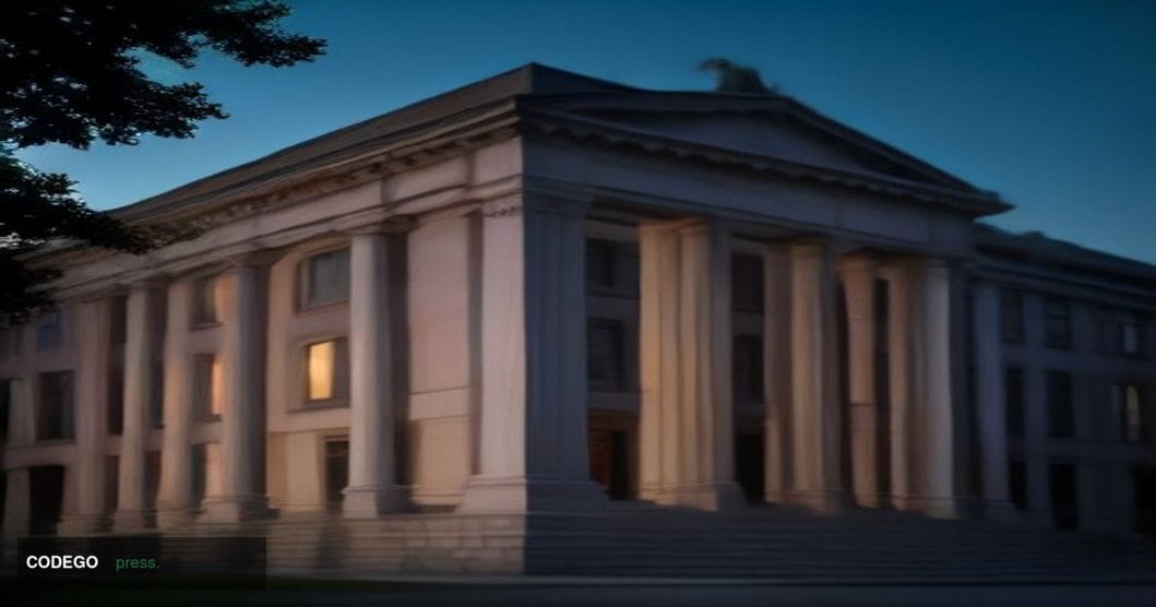 A photorealistic editorial photograph of the exterior of a grand Scandinavian neoclassical central bank building in Oslo, Nor