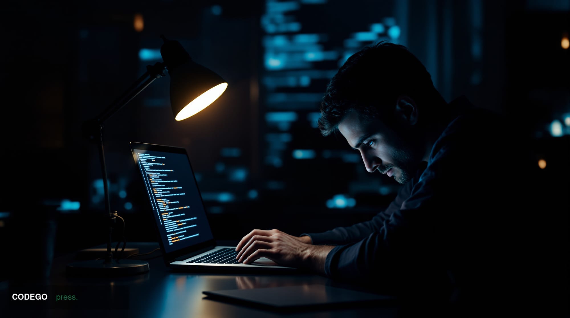 A cinematic editorial photograph set in a dimly lit, high-security software development environment — a close-up of a dual-mo
