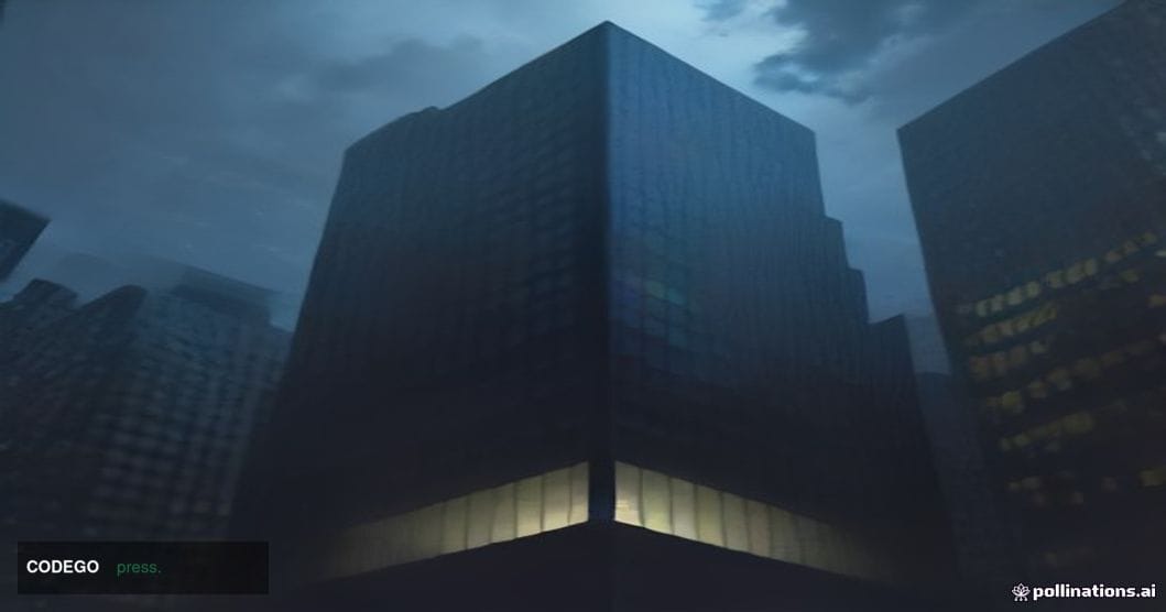 A dramatic cinematic editorial photograph taken from a low angle looking up at a sleek glass-and-steel corporate technology o