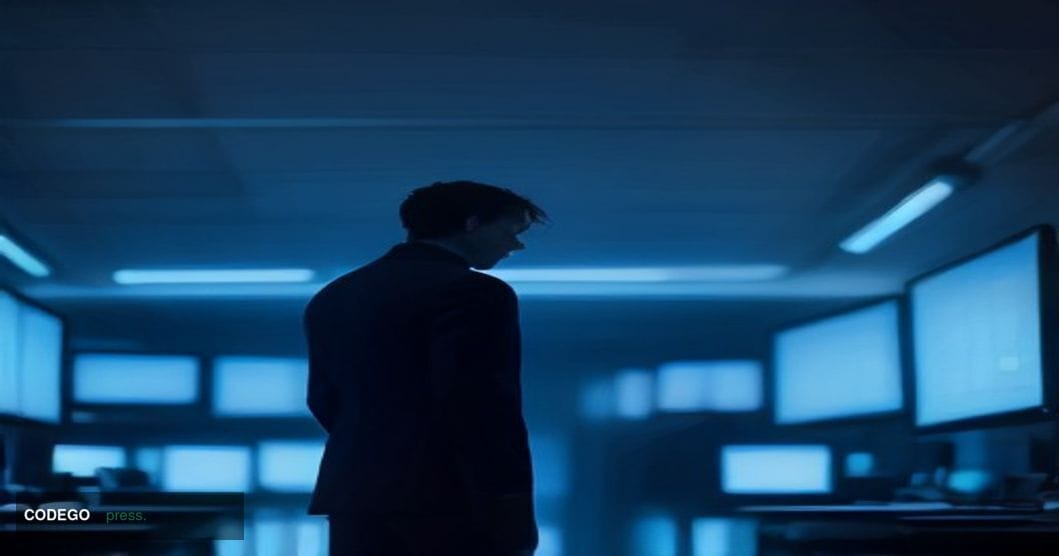 A cinematic editorial photograph set in a dimly lit, high-security cryptocurrency trading operations center viewed from a low