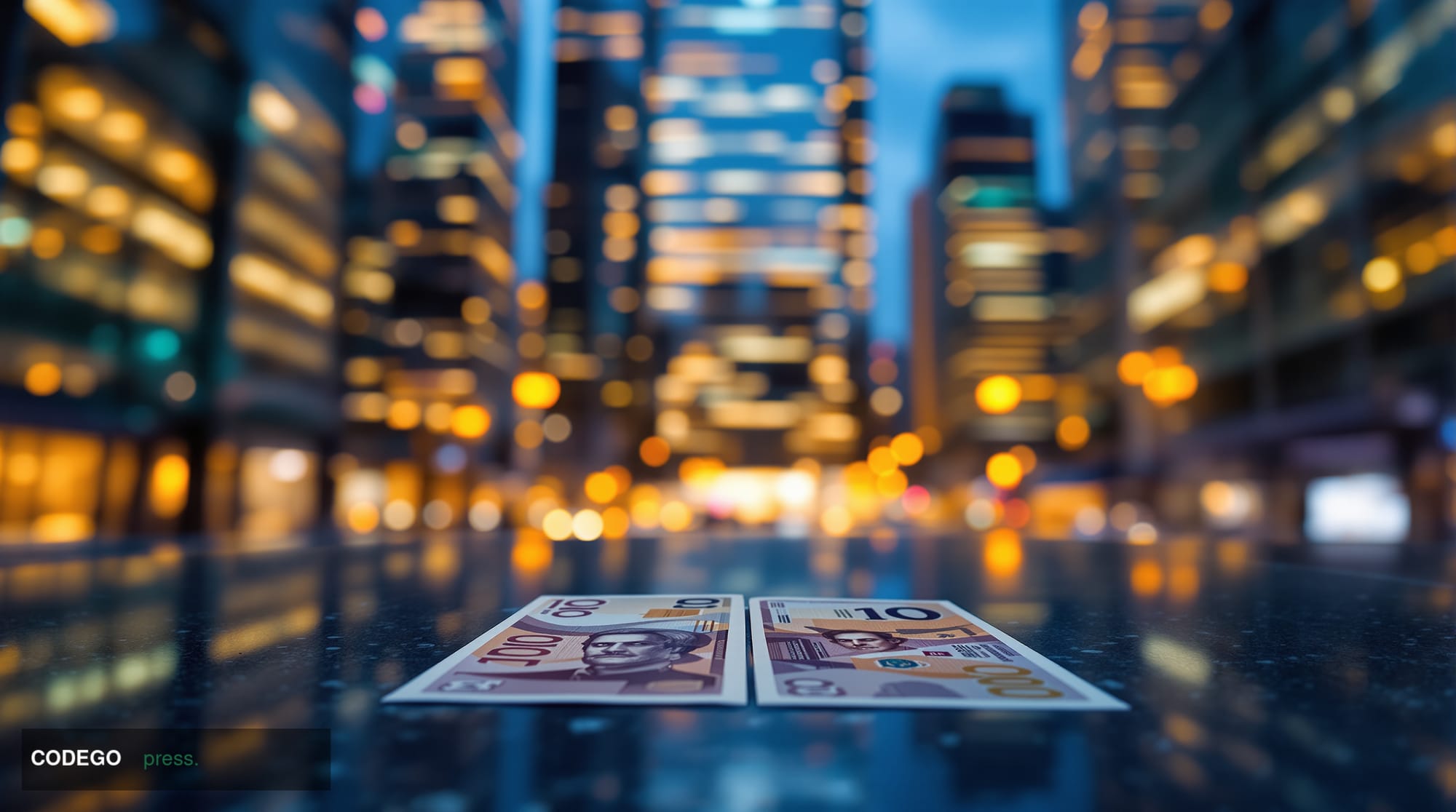 A cinematic editorial photograph taken from a low street-level angle looking upward at a sleek glass-and-steel financial dist